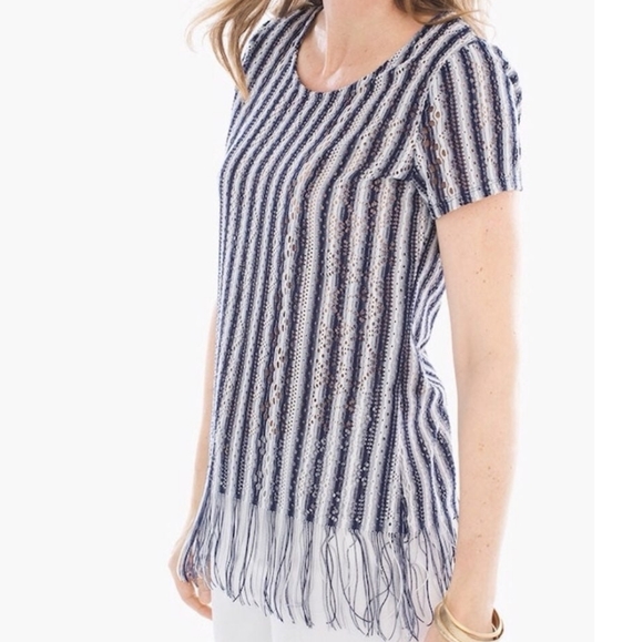 Chico's Tops - Chico's Navy Blue White Stripe Fringed Hem Top